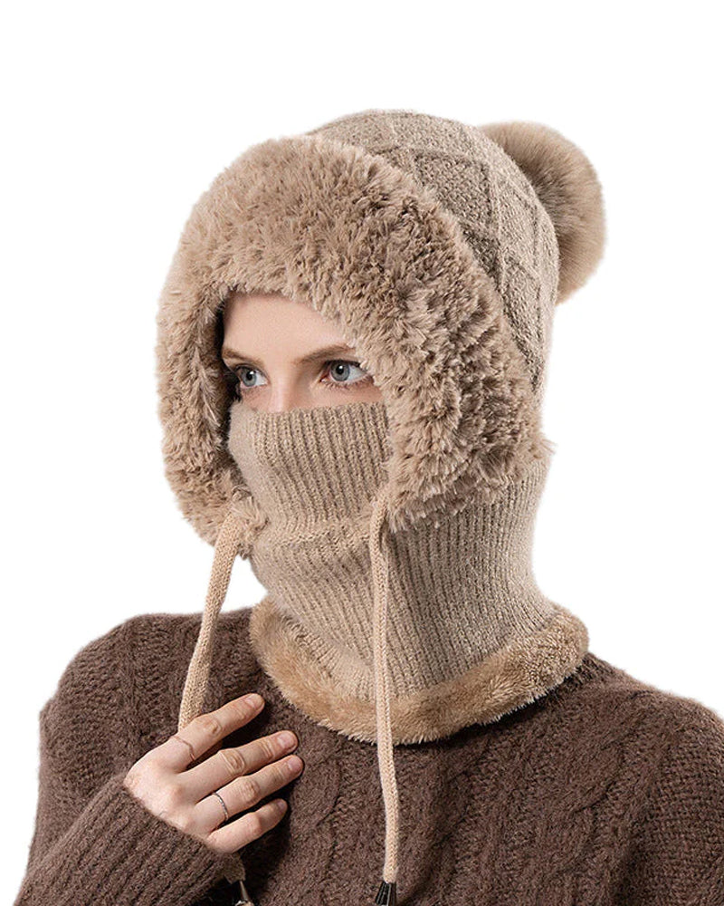🔥Stilig Tykkstrikket Vinterlue – Med Varmt Ansiktsskjold Og Skjerf🧣