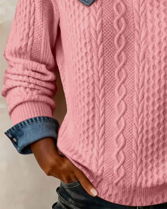 Sweatshirt En-Skulder Stroppet Denim Patchwork Avslappet