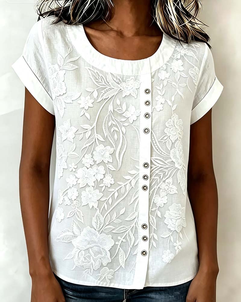 Bluse Blomstret Knapp Rundhalset Kortsermet