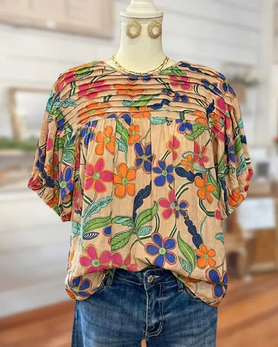 Bluse Plissert Blomst Rund Hals