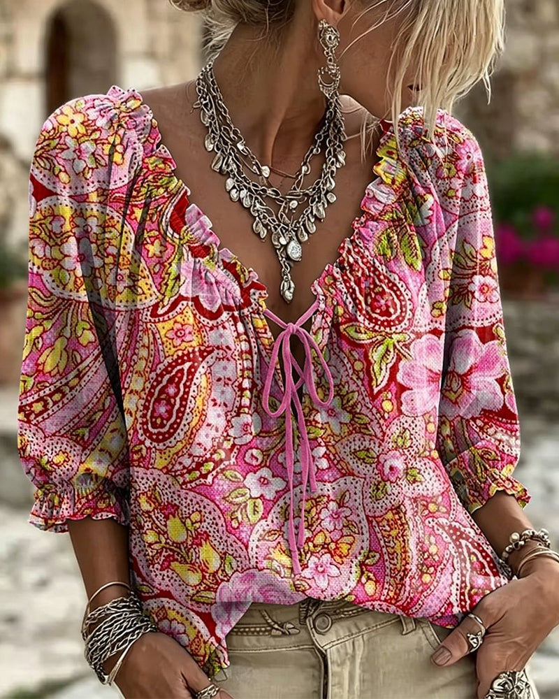 Bluse V-Hals Slips Trykk Boble Erme