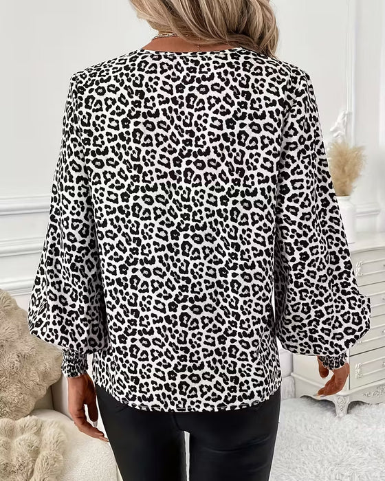 Bluse Lanterneerme Leopardtrykk V-hals