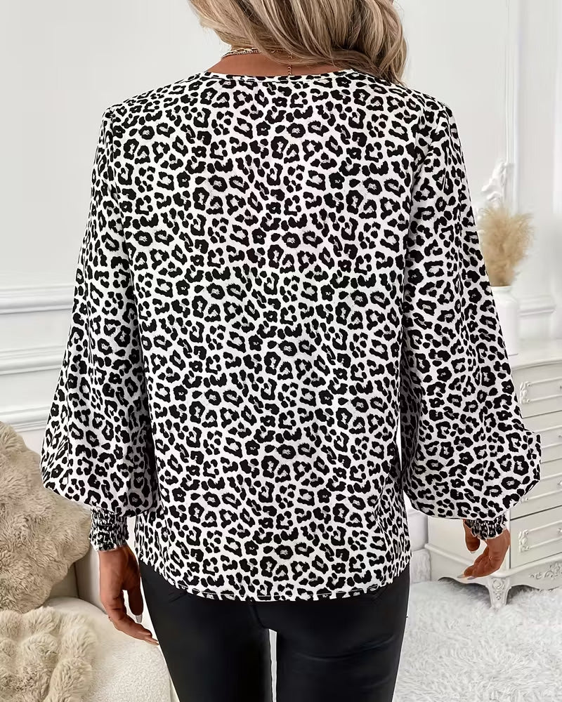 Bluse Lanterneerme Leopardtrykk V-hals
