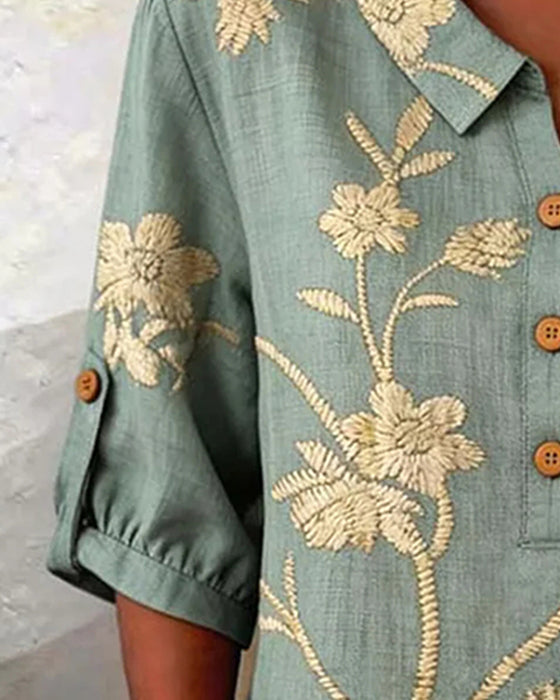 Bluse Splittet Krage Knappefront Blomstret