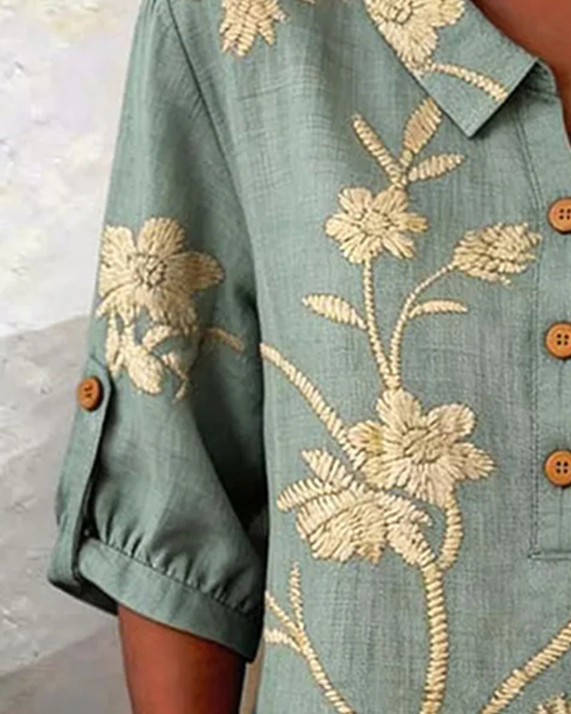 Bluse Splittet Krage Knappefront Blomstret