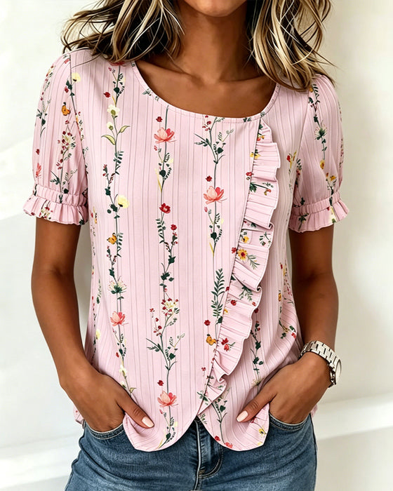 Bluse Ruffle Blomstertrykk Pufferme