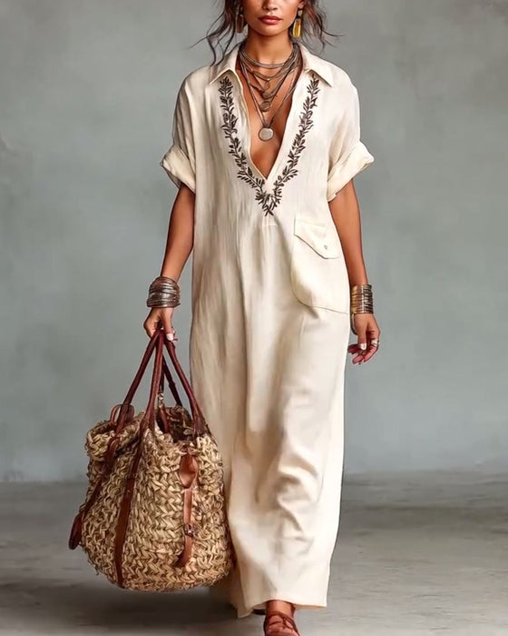 Kjole Dyp V-Hals Trykk Casual Maxi