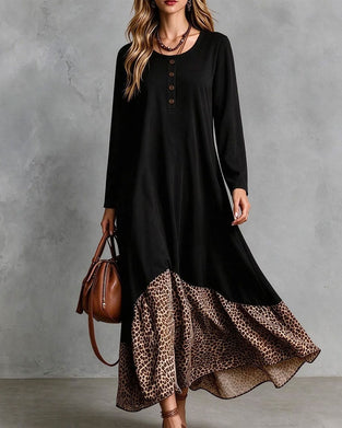 Kjole Rund Hals Knapp Leopard Trykk