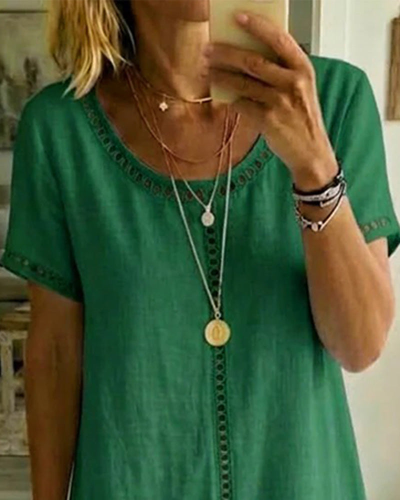 Kjole Hullet Panelt Rett Bomull Og Lin