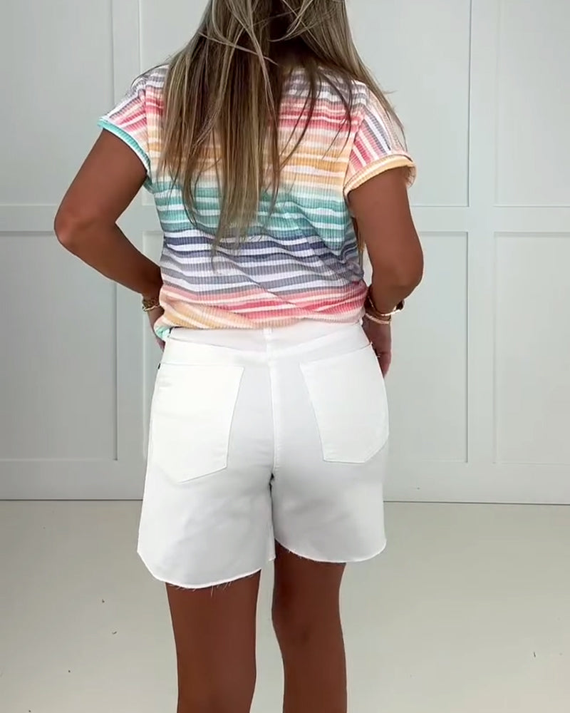 Topp Regnbuegradient Stripete V-Hals Kortermet