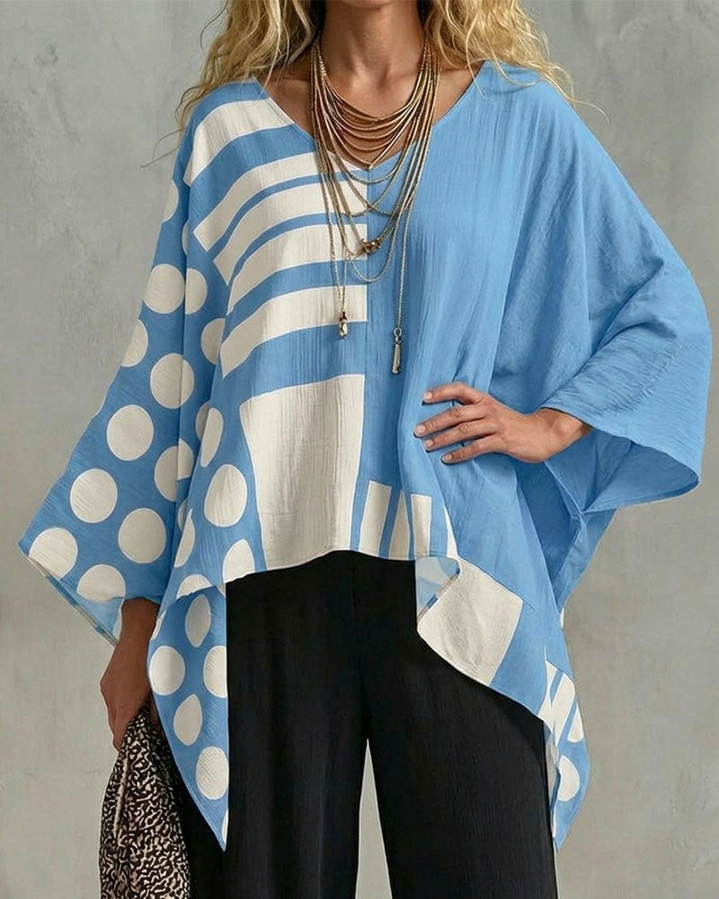 Bluse Polka Dot Stripe Patchwork V Hals