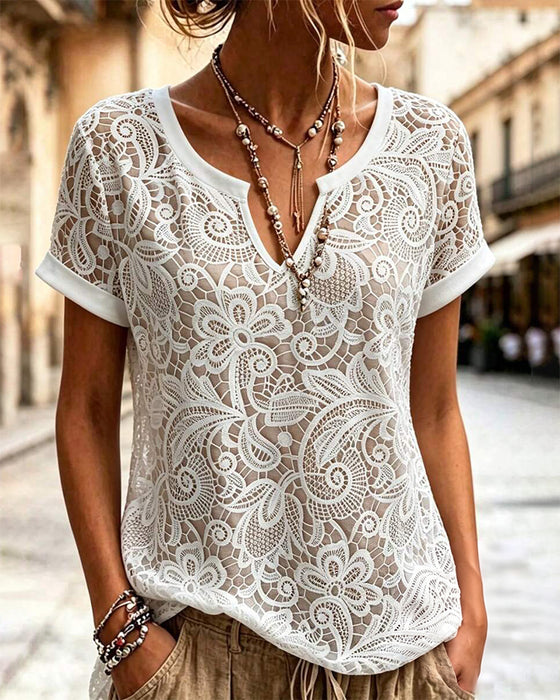 T-Shirt Utskåret Blonder Kort Erme