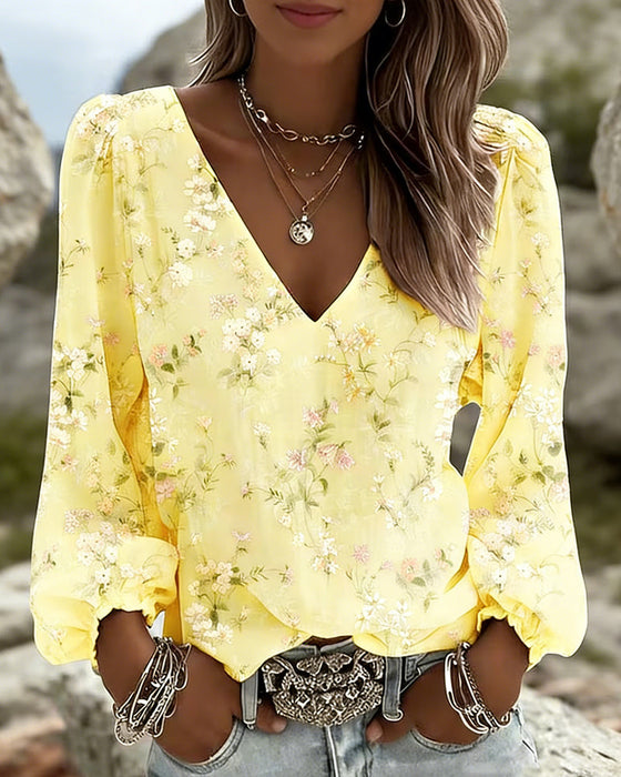 Bluse Blomstret V-Hals Pufferme