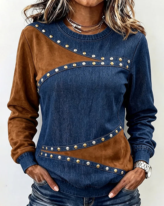 Topp Rund Hals Denim Spliced Fargeblokk