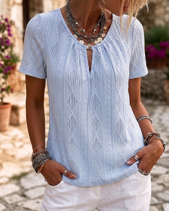 Bluse Med Rombemønster Jacquard, Korte Ermer