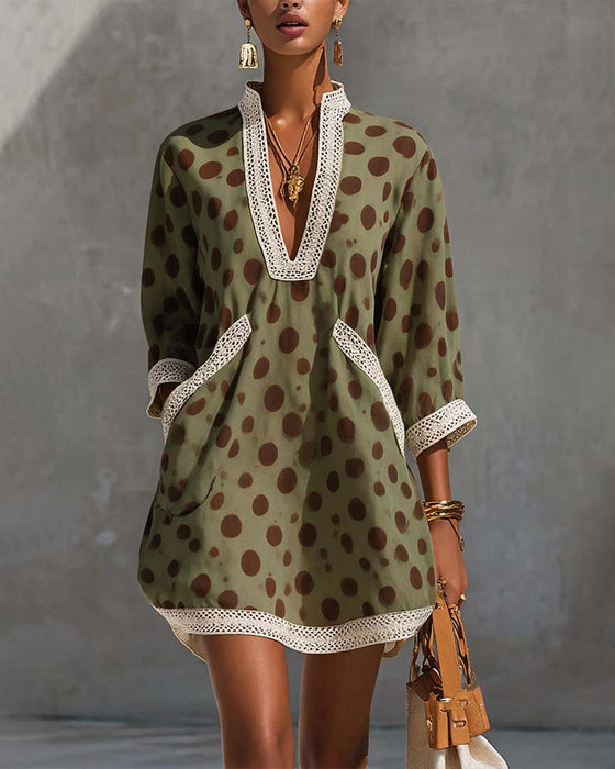 Kjole V-Hals Polka Dot Lomme