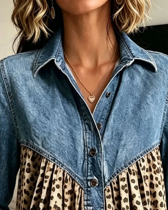 Topp Denim Leopard Trykk Patchwork Krage
