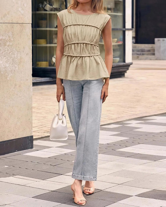 Bluse Rund Hals Rynket Midje