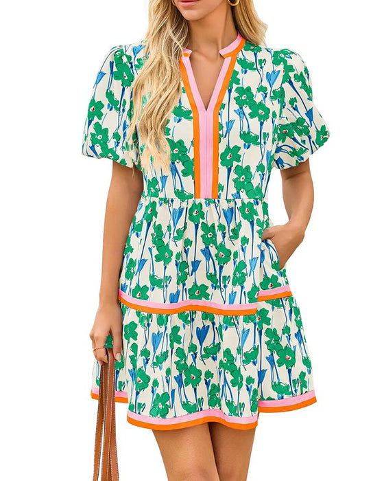 Kjole V-Hals Blomstrende Boble Erme Patchwork