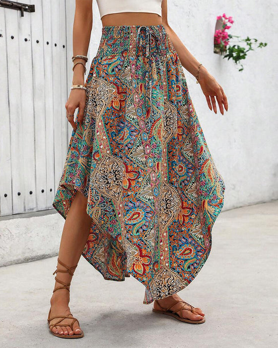 Skjørt Med En Elastisk Veksel, Retro - trykk Og En Bueformet Saum