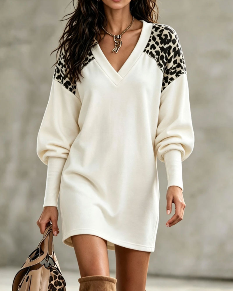 Kjole V-Hals Leopardmønster Lykt Erm Pullover