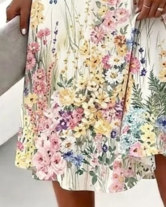 Kjole V-Hals Blomstret Kort Erme A-Linje