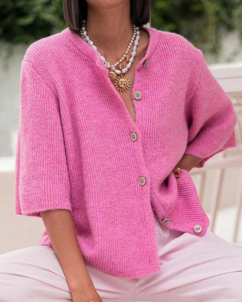 Genser Cardigan Ensfarget Knappefront Kortsermet