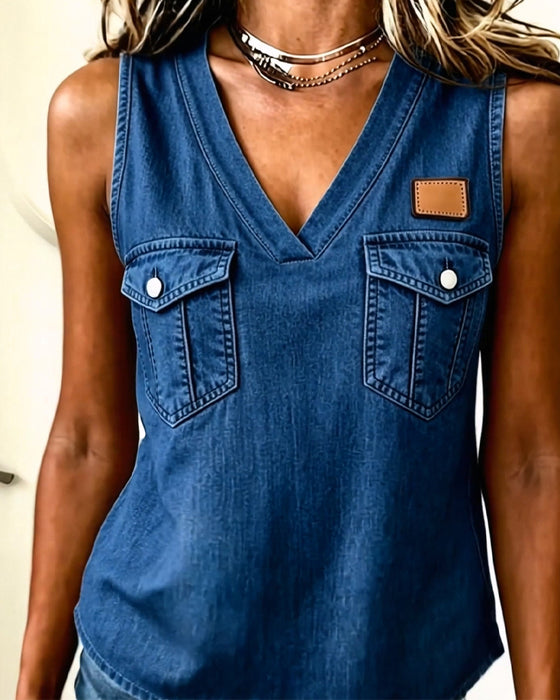 Tank Top V-Hals Lomme Skinn Etikett