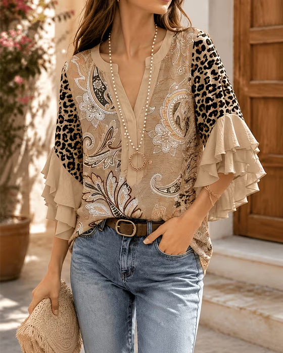 Bluse Leopard Trykk Panel Ruffle Erme