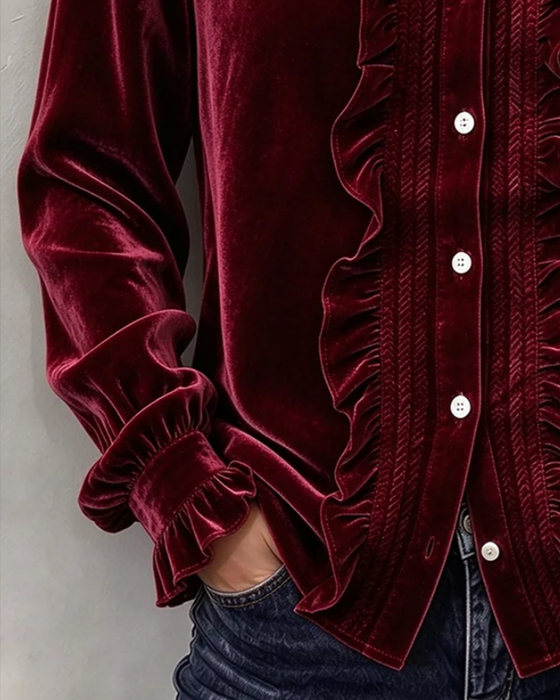 Bluse Velvet Ruffle-Trim V-Neck Langermet
