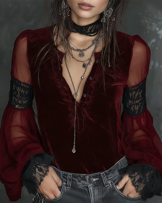 Bluse Kneppet V-Hals Puf ermet