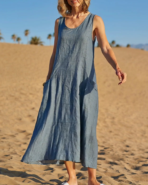 Kjole Ermløs V-hals Lomme Lin