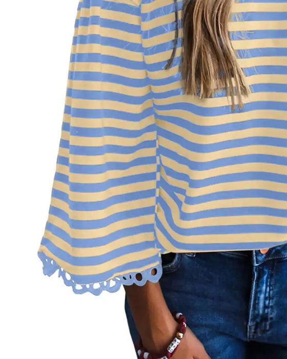 Bluse Rund Hals Drop Skulder Stripe Utskjæring