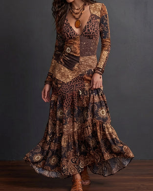 Kjole V-Hals Leopard Trykk Rynket Langermet