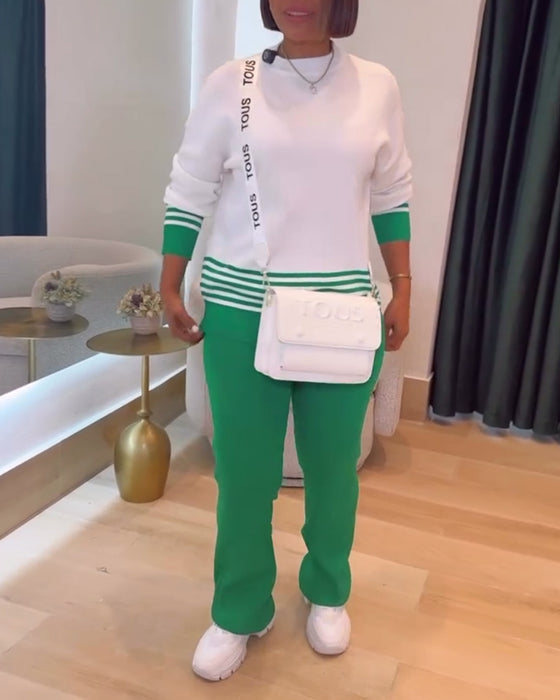 Stripete Kontrast Pullover Bukse Sett