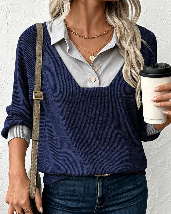 Knit Top Med Kontrasterende Krage Langermet