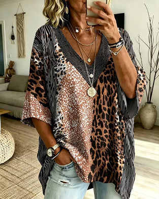 Topp V-Hals Leopard Prikk Fargeblokk