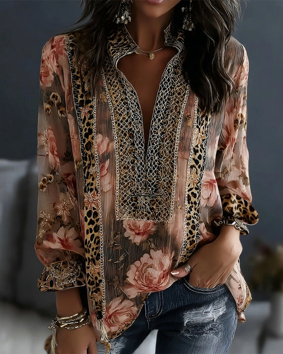 Bluse Blomstret Leopard Langermet