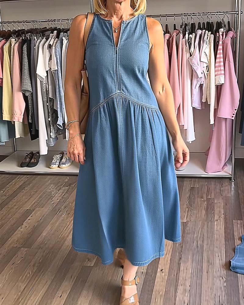 Kjole V-Hals Denim Ermeløs