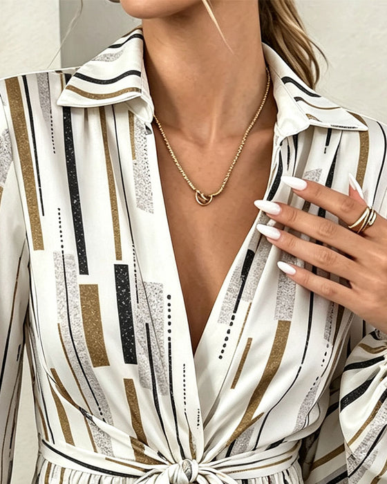 Bluse Geometrisk Stripe Innsnørt Midje Snor