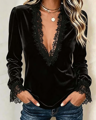 Topp Blonde Patchwork V-Hals Volang