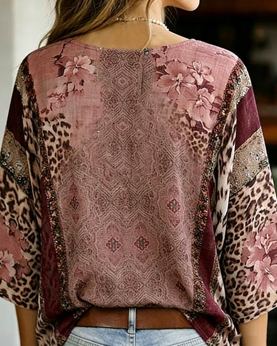 Bluse V-Hals Lykt Erme Leopard