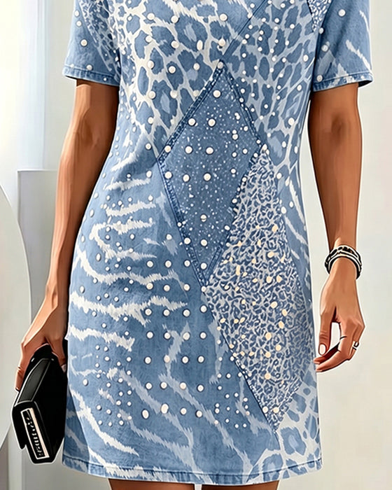 Kjole Leopardmønster Rundhalset Kortermet Patchwork