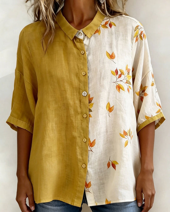 Skjorte Fargeblokk Lønnblad Trykk Lin