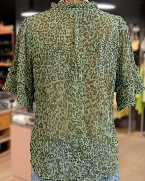 Bluse Grøntones Leopard Trykk Ruffle