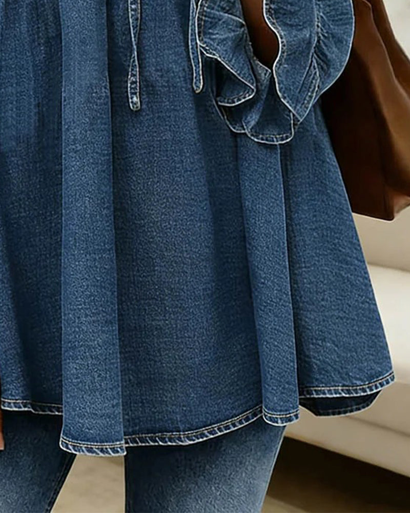 Bluse Rysjebind Denim Rund Hals