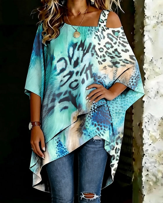 Gradient Leopardtrykk Enskulder Loose Fit Bluse