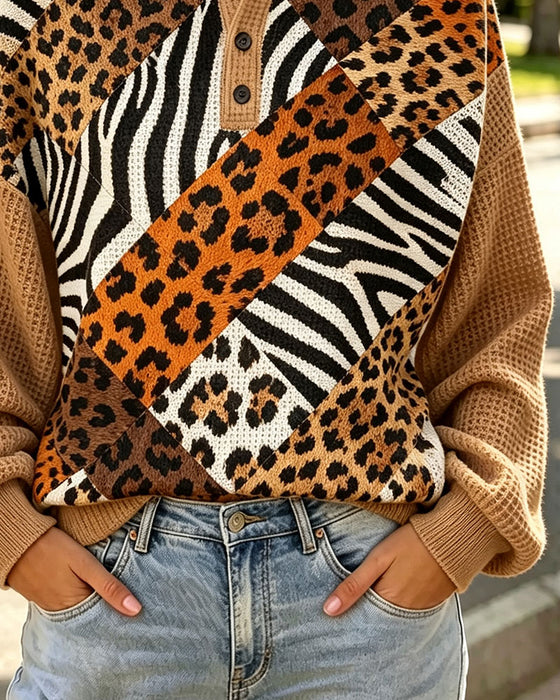 Sweatshirt Leopard Trykk Patchwork Rund Hals