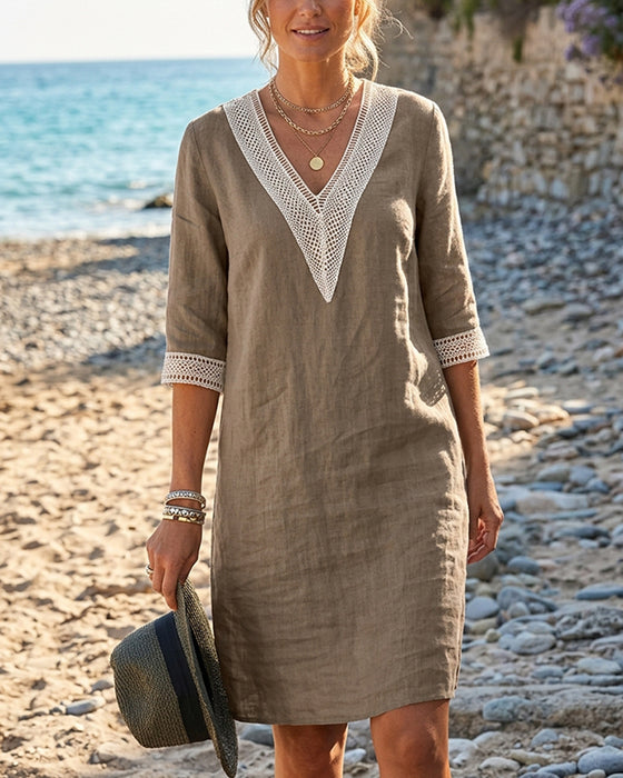 Kjole Tre Kvarter Erme V-Hals Blonder Patchwork