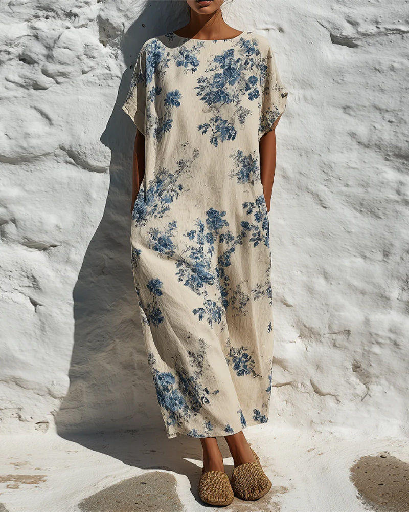 Kjole Rund Hals Vintage Blå Floral